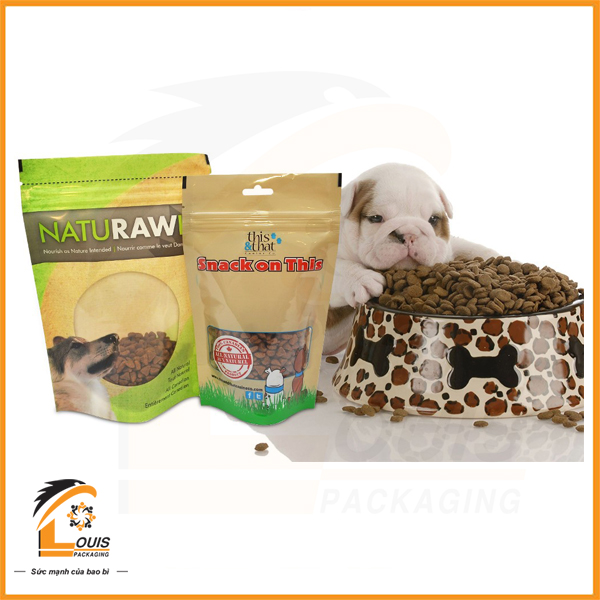 Bao bì đựng thức ăn cho chó kiểu dáng đáy đứng, miệng gắn zipper