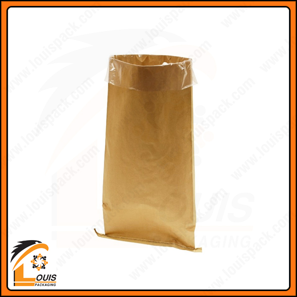 Bao bì giấy kraft đựng vữa thường được lồng thêm một túi PE để ngăn cách sản phẩm, chống thấm, chống ẩm ướt